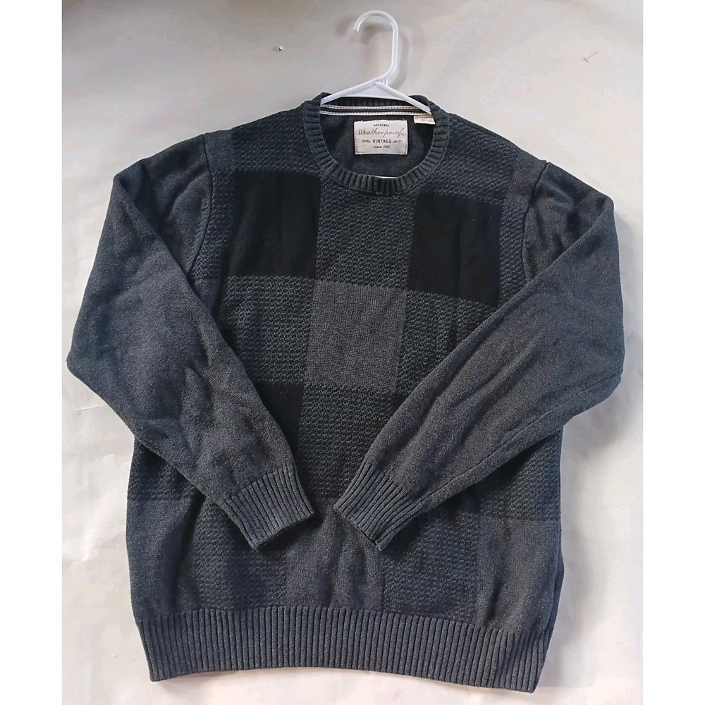 Weatherproof Vintage Mens Sweater Crewneck Plaid Gray Black Cotton Size M